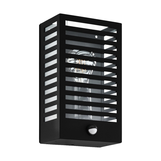 Applique da esterno metallo nero IP44 sensore di movimento e crepuscolare E27